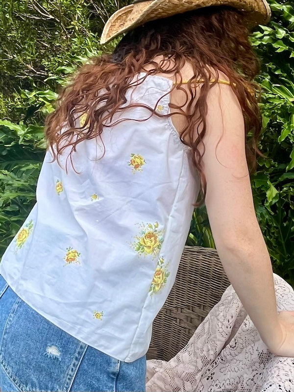 Shoulder Tie Top Vintage Cotton Floral - White and Yellow. Up to Size 14.