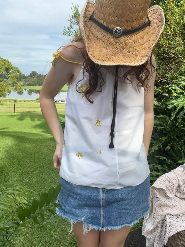 Shoulder Tie Top Vintage Cotton Floral - White and Yellow. Up to Size 14.