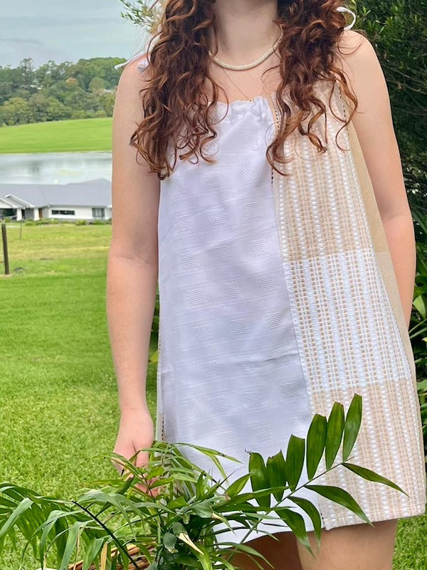 Mini Dress Boho Coastal Tan & White Check Upcycled Tablecloth. Up to Size 14.