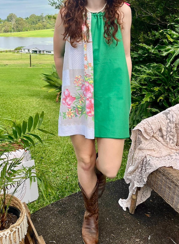 Mini Dress Green & Pink Floral Upcycled Tablecloth. Up to Size 14.