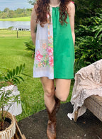Mini Dress Green & Pink Floral Upcycled Tablecloth. Up to Size 14.