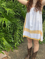 Mini Dress Coastal Cool White & Yellow Upcycled Tablecloth. Up to Size 14.