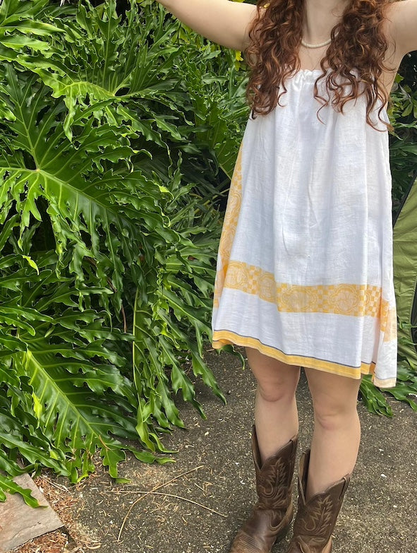 Mini Dress Coastal Cool White & Yellow Upcycled Tablecloth. Up to Size 14.