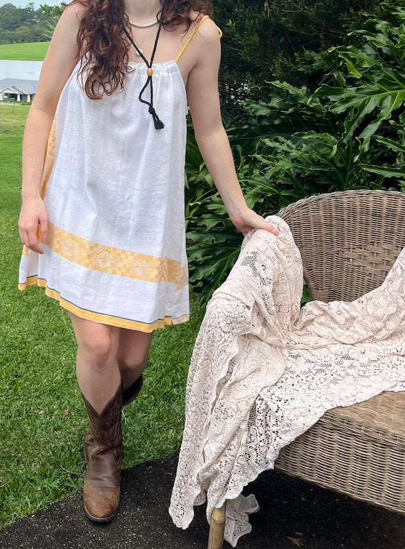 Mini Dress Coastal Cool White & Yellow Upcycled Tablecloth. Up to Size 14.