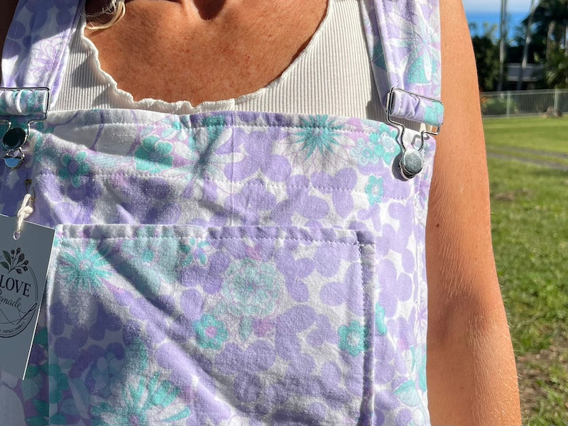 Pinafore Dress Upcycled Retro Floral - Lavender & Sky Blue. Size 12-14.