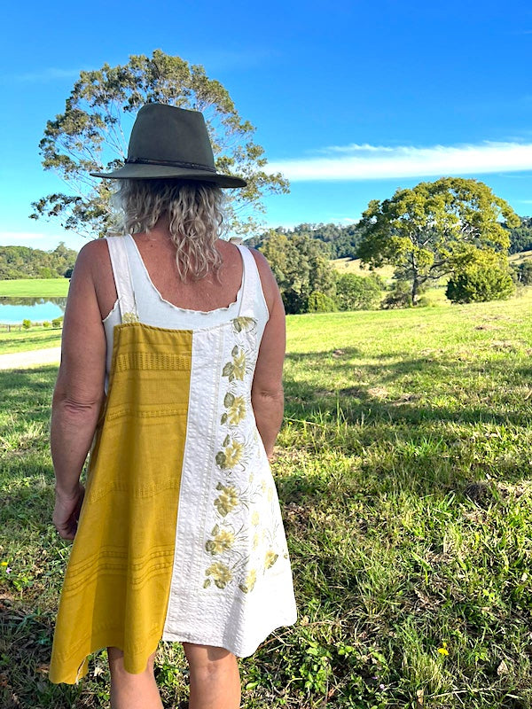 Pinafore Dress Mustard & Vintage Floral Cheesecloth. Size 10-12.
