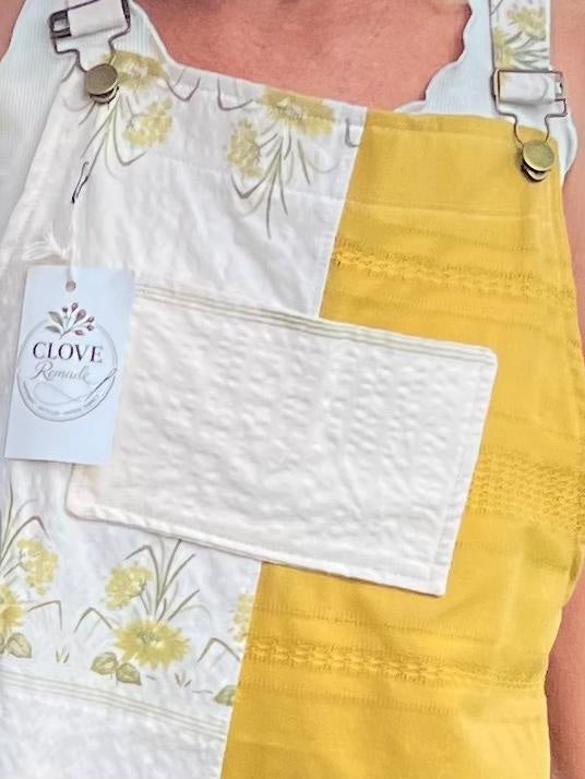 Pinafore Dress Mustard & Vintage Floral Cheesecloth. Size 10-12.