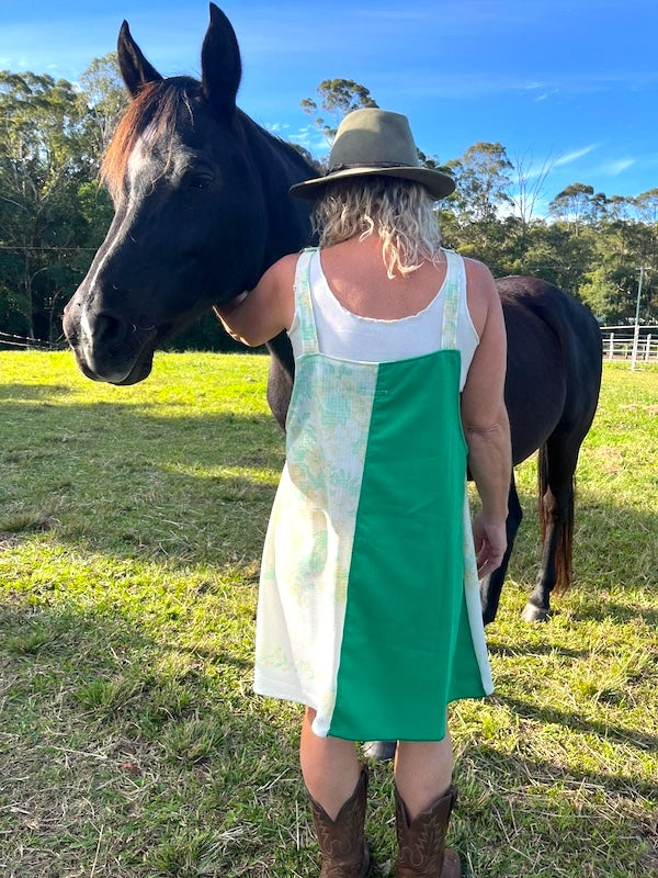 Pinafore Dress Upcycled - Emerald Green Floral. Size 14-16.