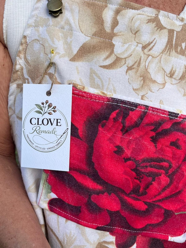 Pinafore Dress Upcycled Tablecloth - Red Roses. Size 12-14.