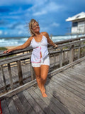 Halter Neck Top - Coastal Summer White With Pink Crochet. Up to Size 16.